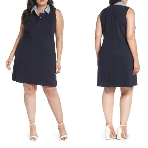 1901 sleeveless polo shirt dress navy pockets poplin collar nautical plus 3X - Picture 2 of 9